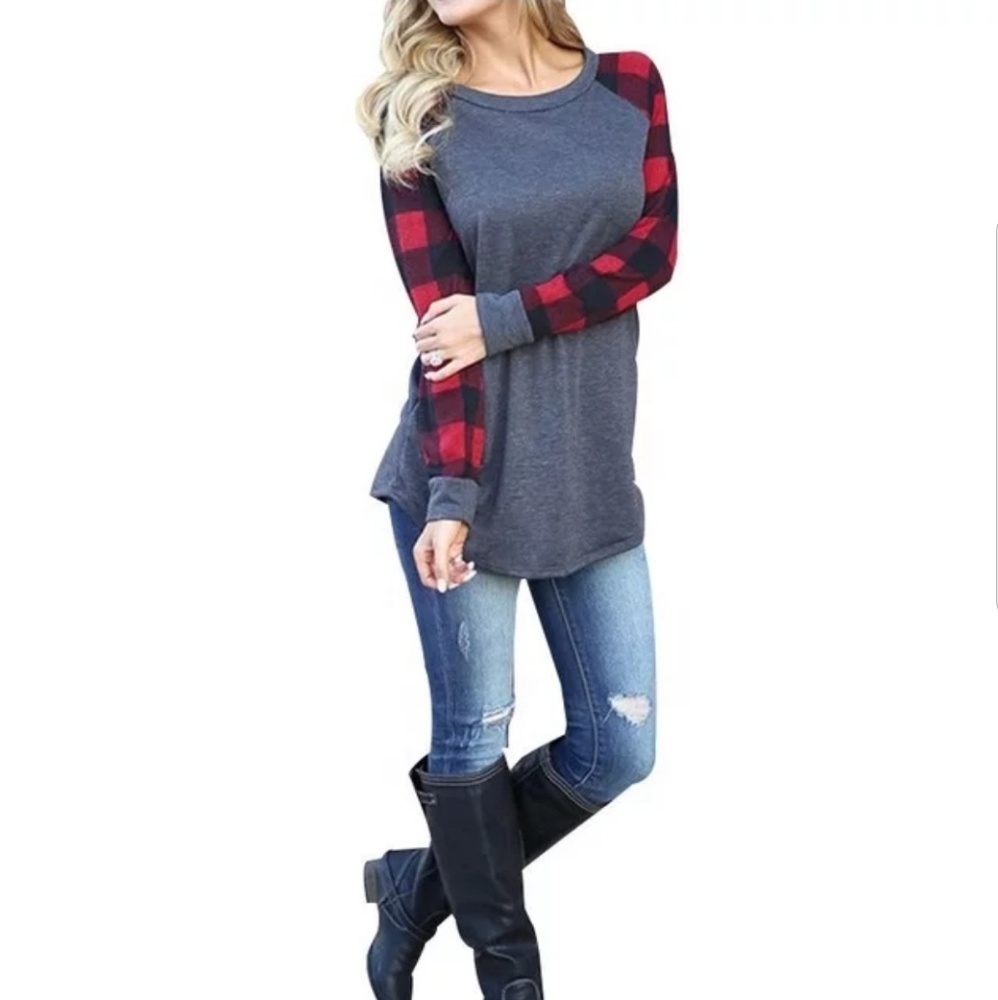 Soft Raglan Checkered Long Sleeve Top